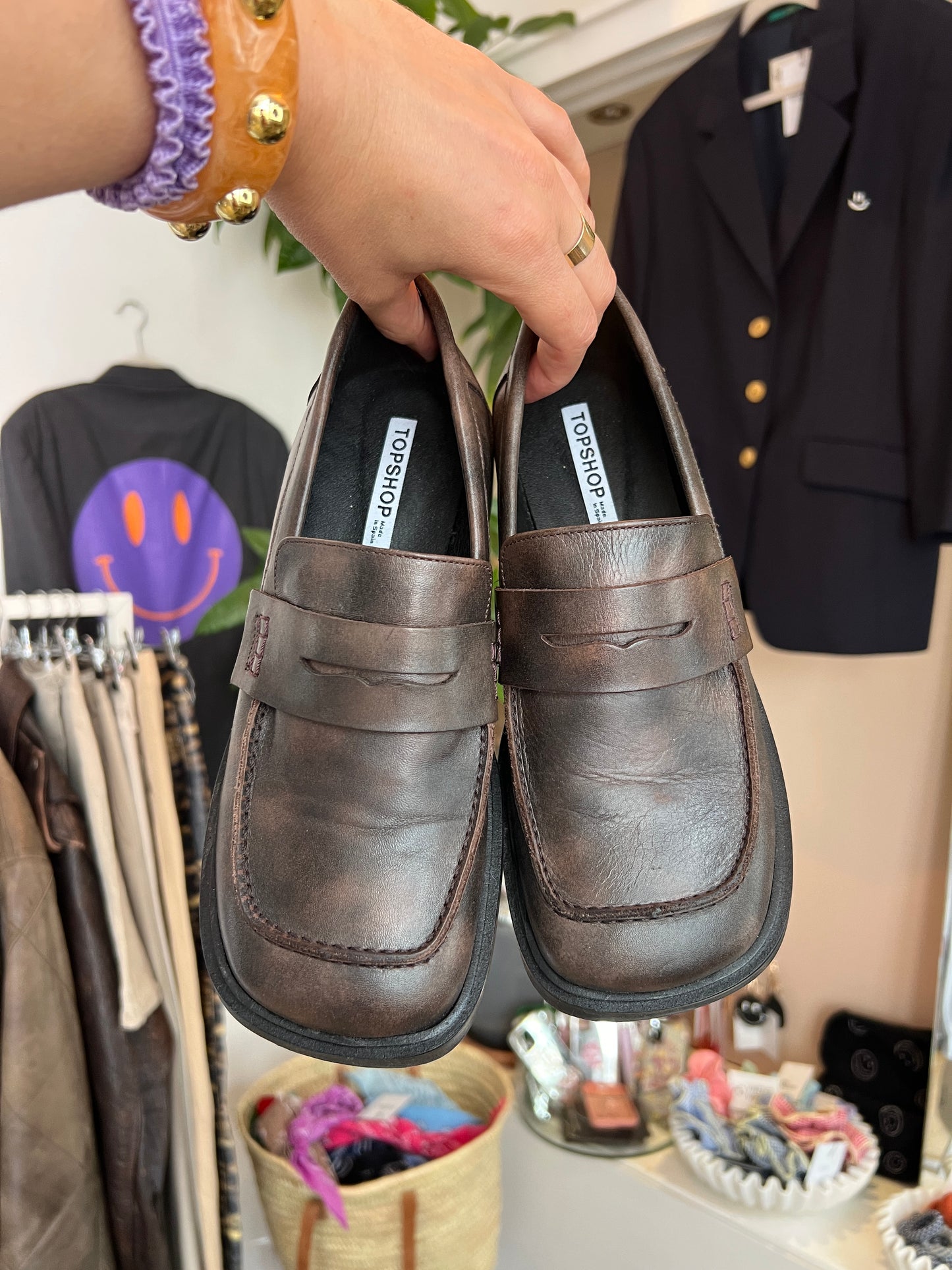 Leren bruine loafers vierkante neus
