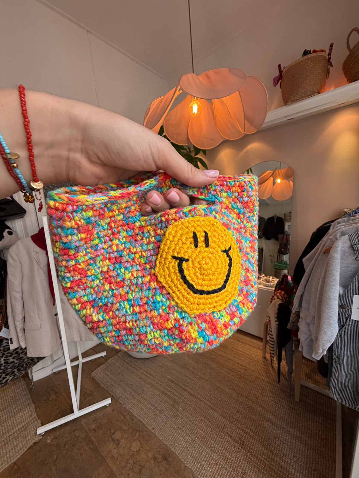 Handmade crochet smiley bag