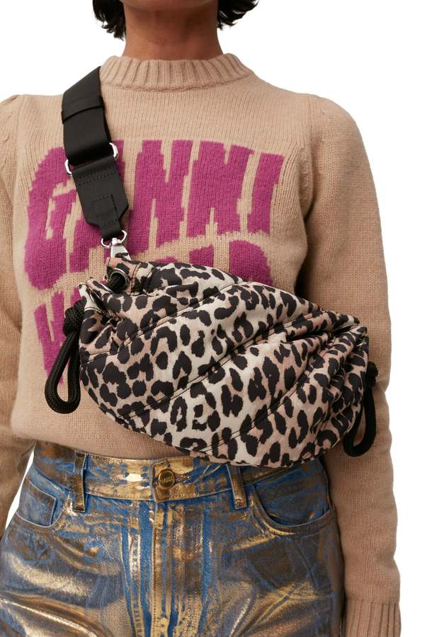 Ganni quilted small duffle bag leopard
