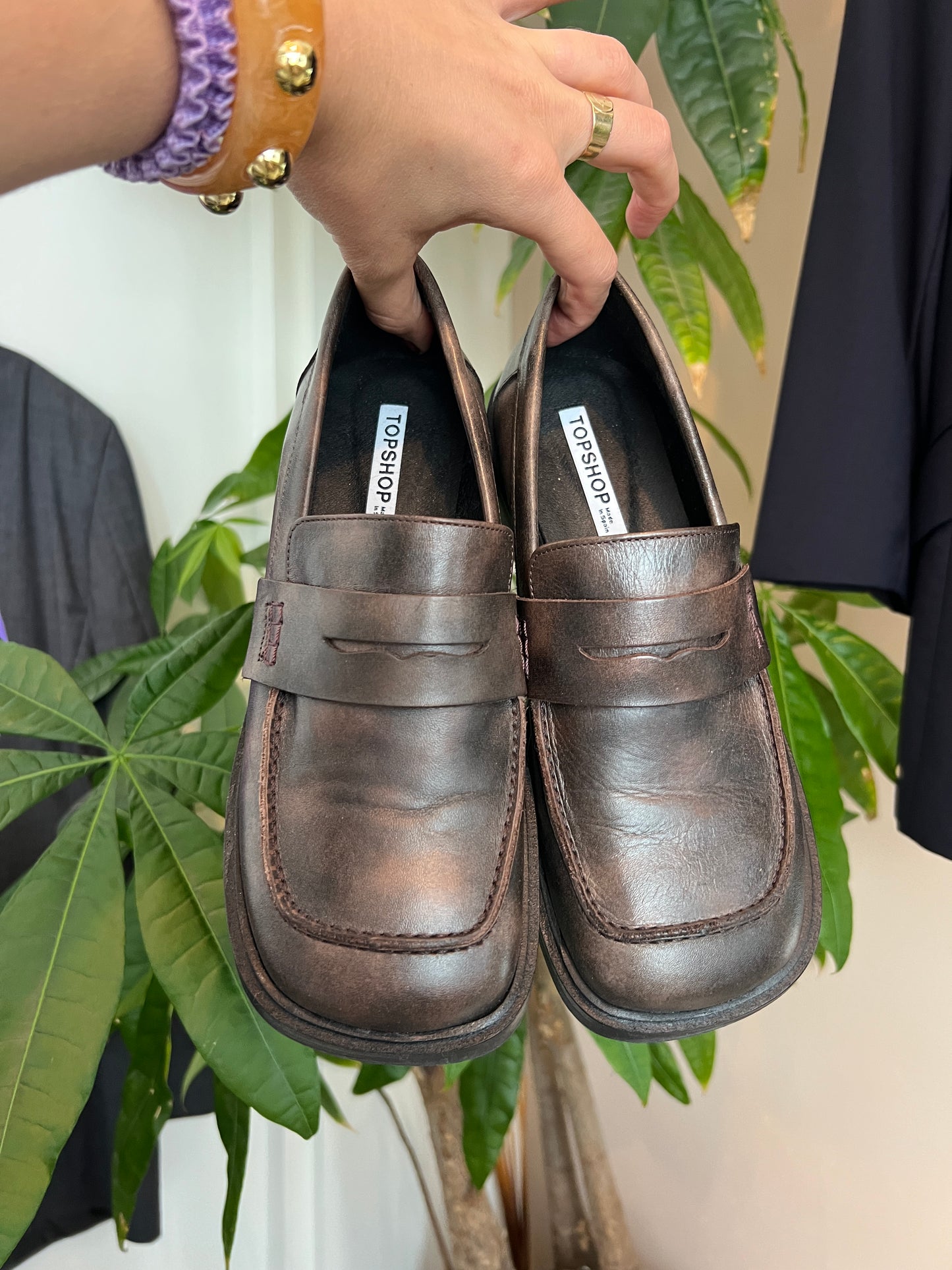 Leren bruine loafers vierkante neus
