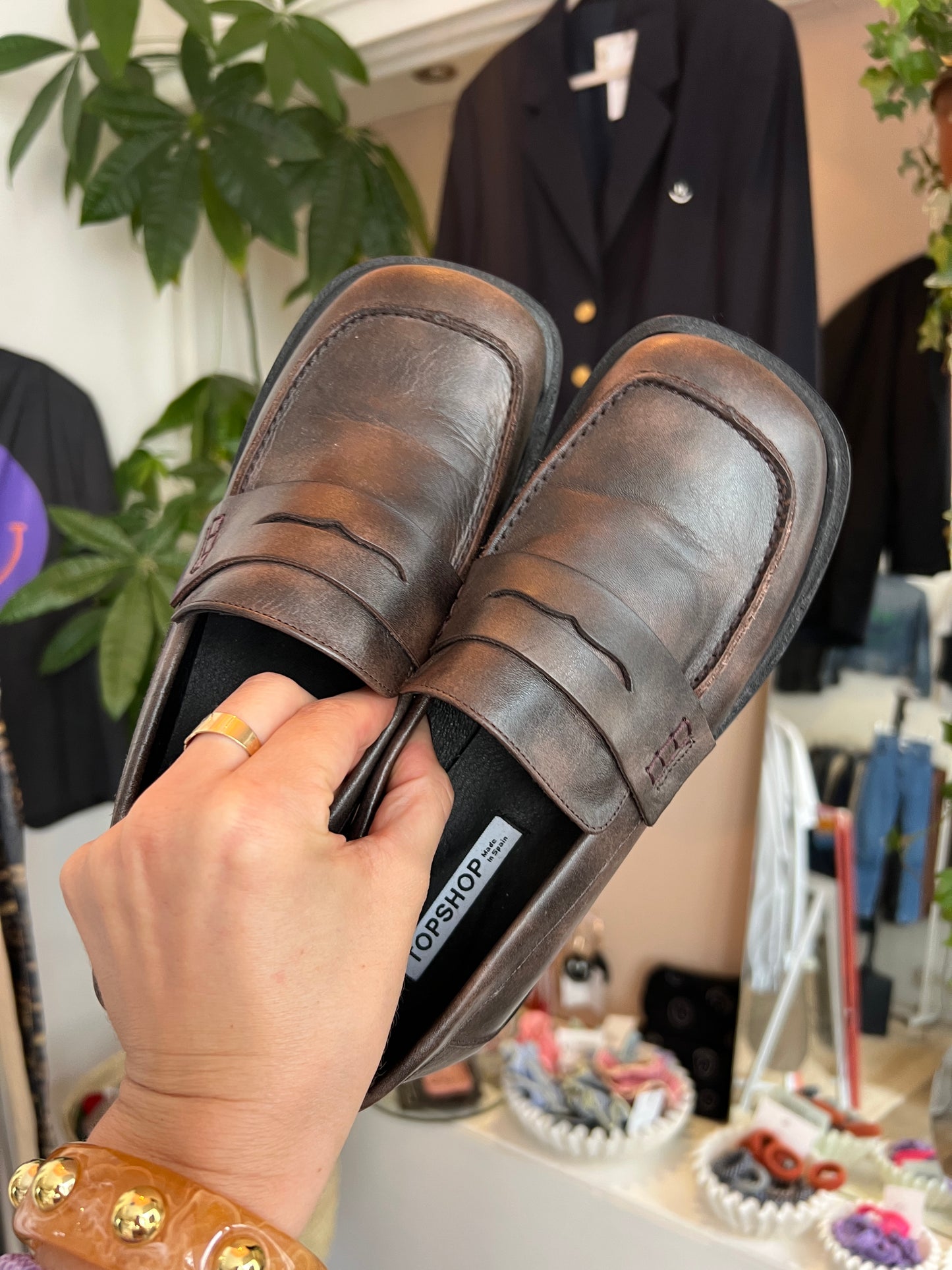 Leren bruine loafers vierkante neus
