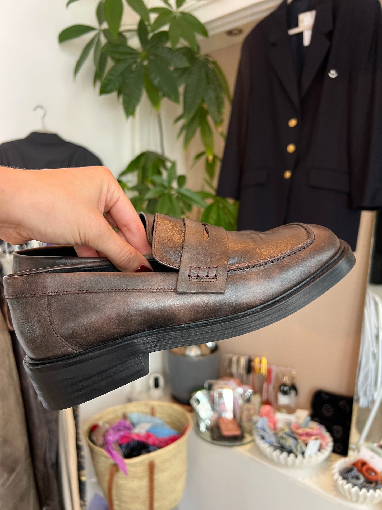 Leren bruine loafers vierkante neus