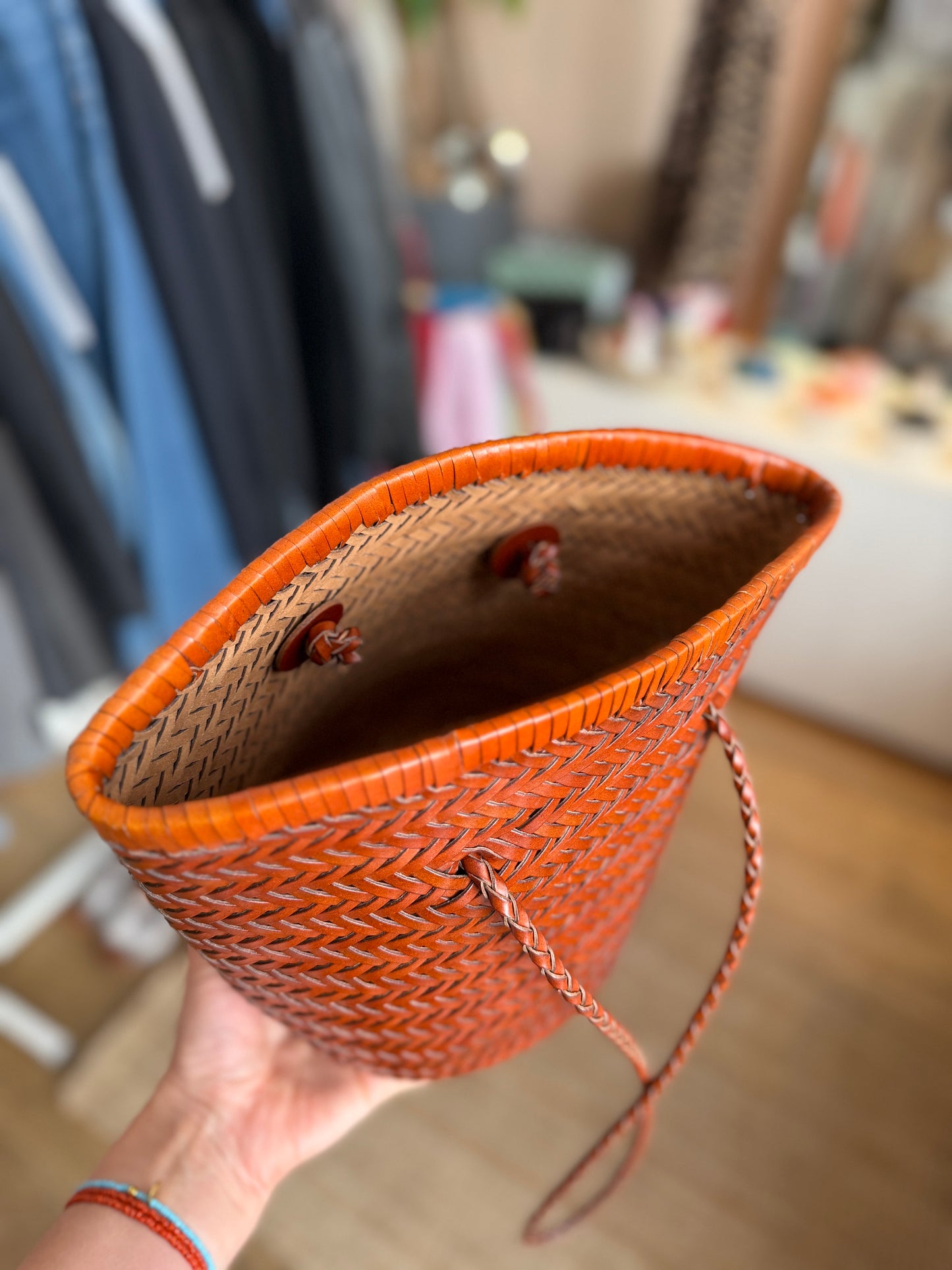 Woven leather brown bucket bag