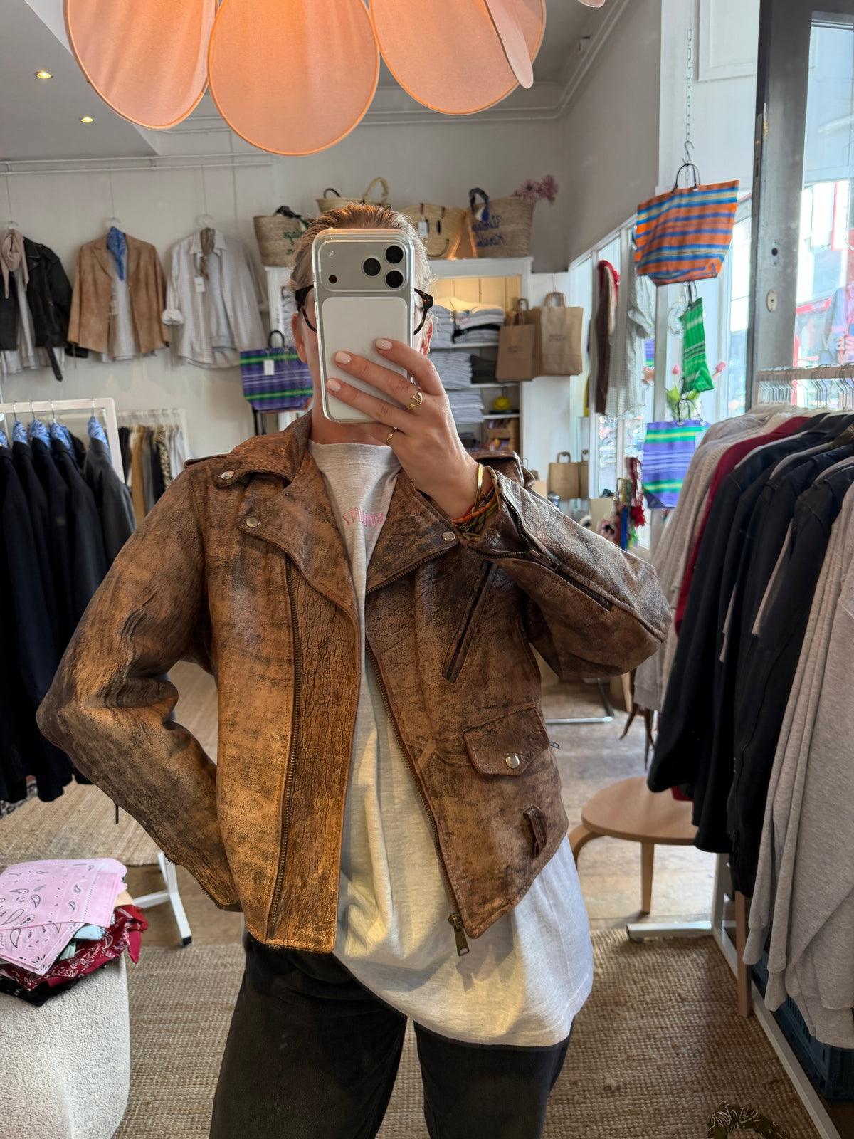 Oversized leather jacket brown