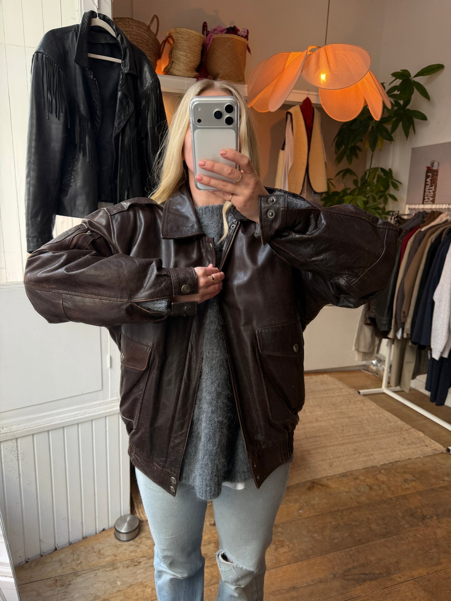 Vintage oversized leren bruine bomber
