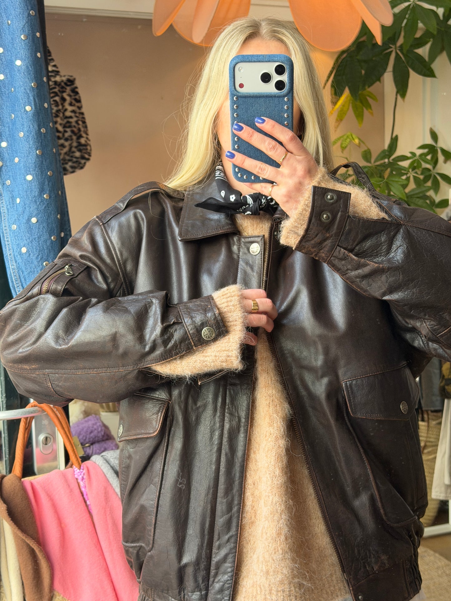 Vintage oversized leren bruine bomber
