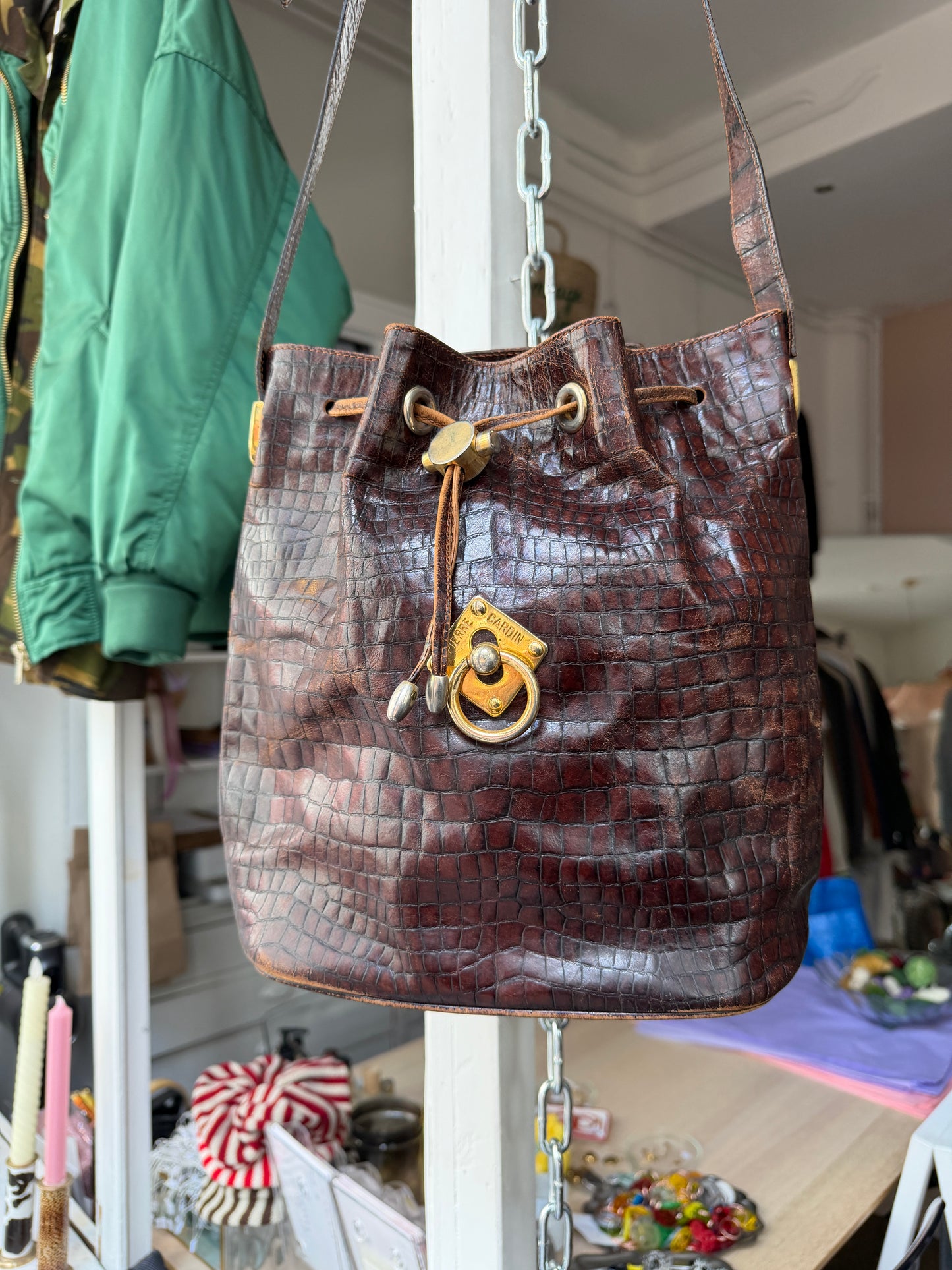 Pierre Cardin leren vintage bucket bag croco