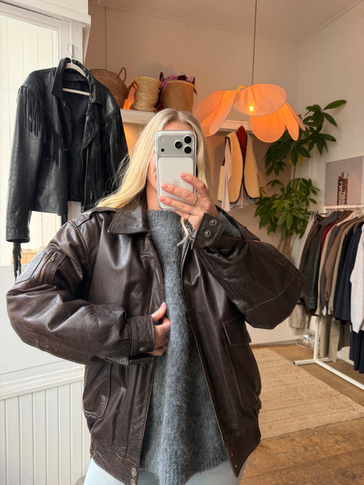 Vintage oversized leren bruine bomber