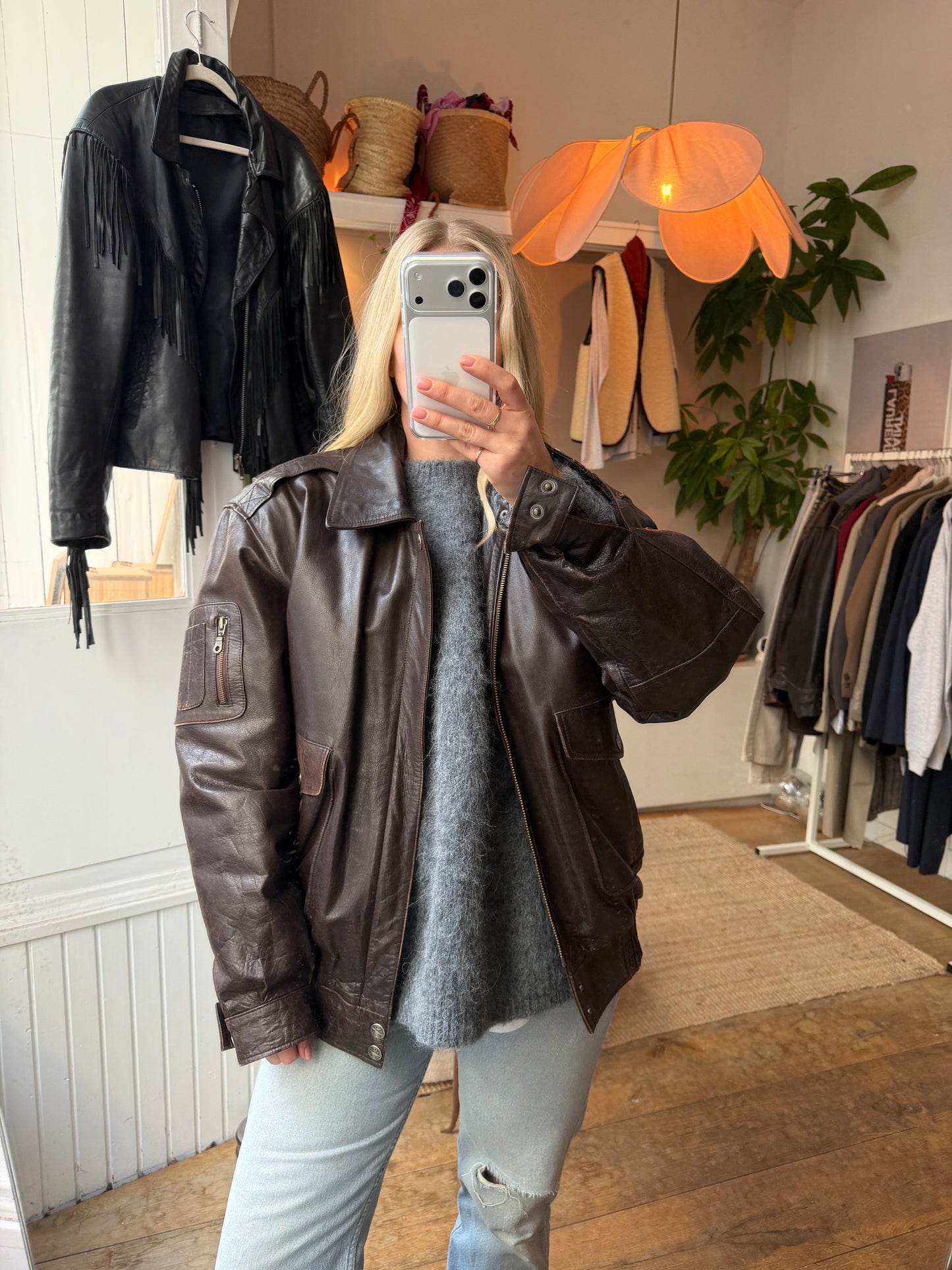 Vintage oversized leren bruine bomber