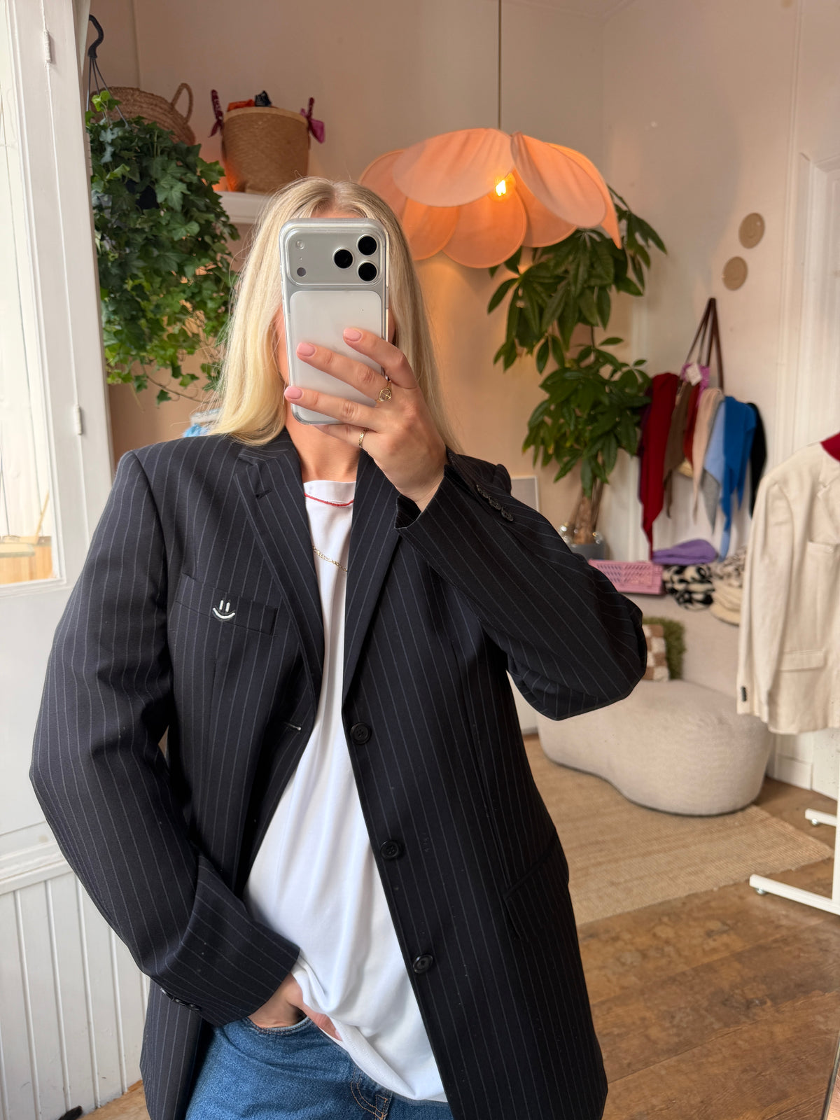 Oversized vintage dark blue striped blazer ◡̈