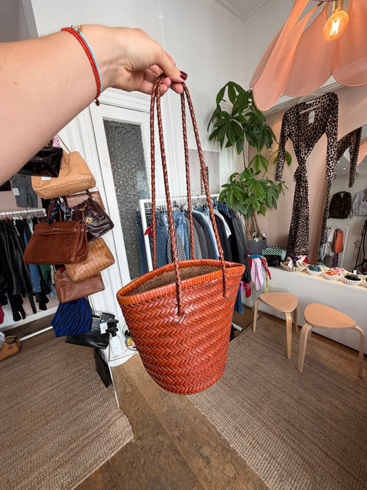 Woven leather brown bucket bag