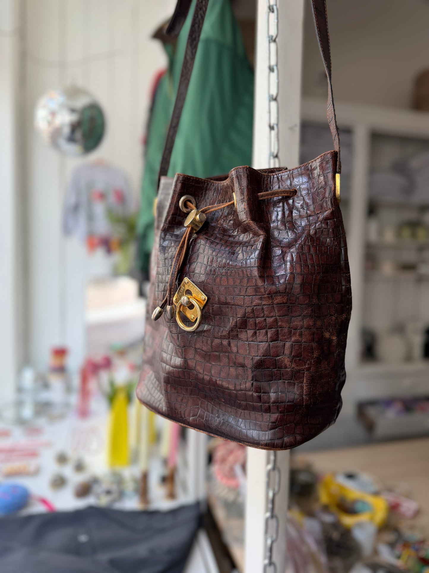 Pierre Cardin leren vintage bucket bag croco