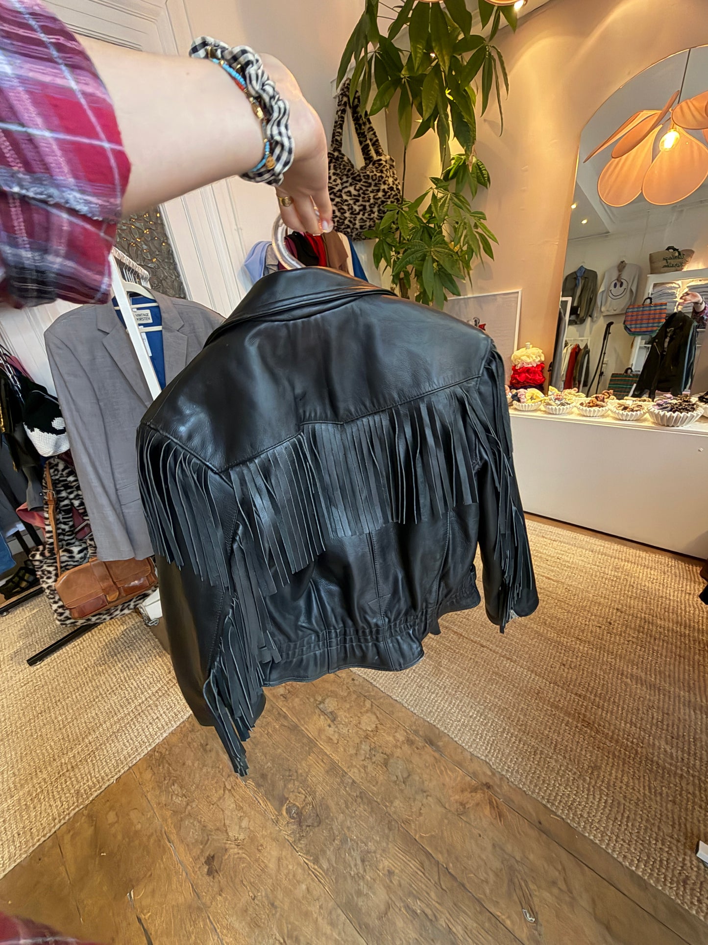 Vintage leather bikerjack fringe jack black