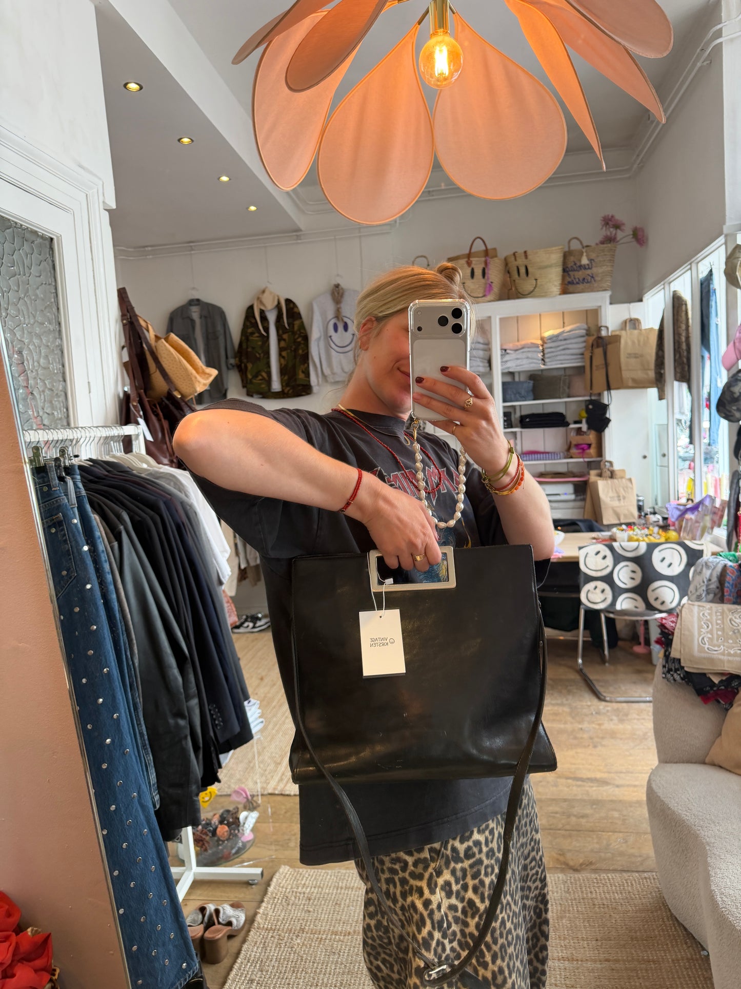 Vintage leren zwarte hand/schoudertas