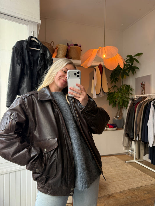 Vintage oversized leren bruine bomber
