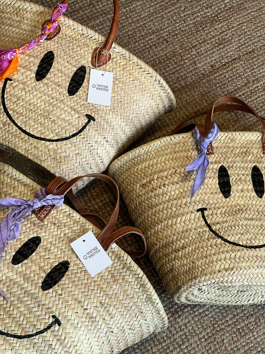 Rieten smiley tas (lang & kort hengsel)