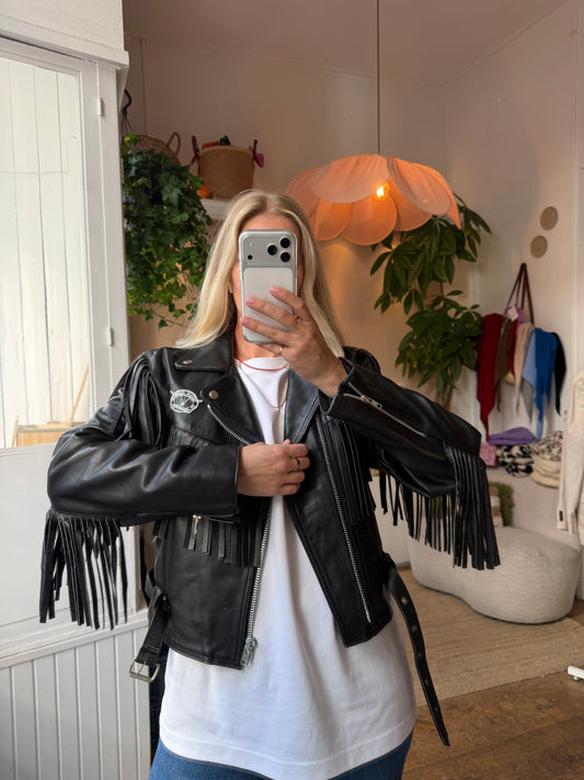 Vintage leather bikerjack fringe jack black