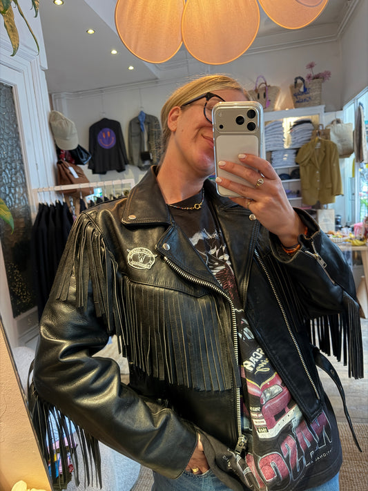 Vintage leather bikerjack fringe jack black