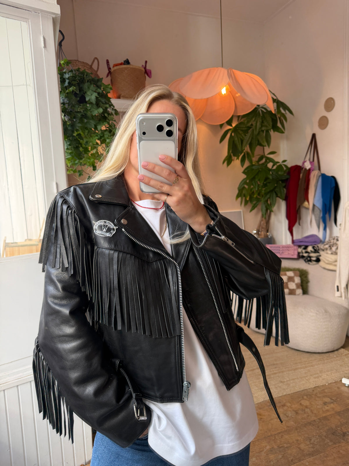 Vintage leather bikerjack fringe jack black