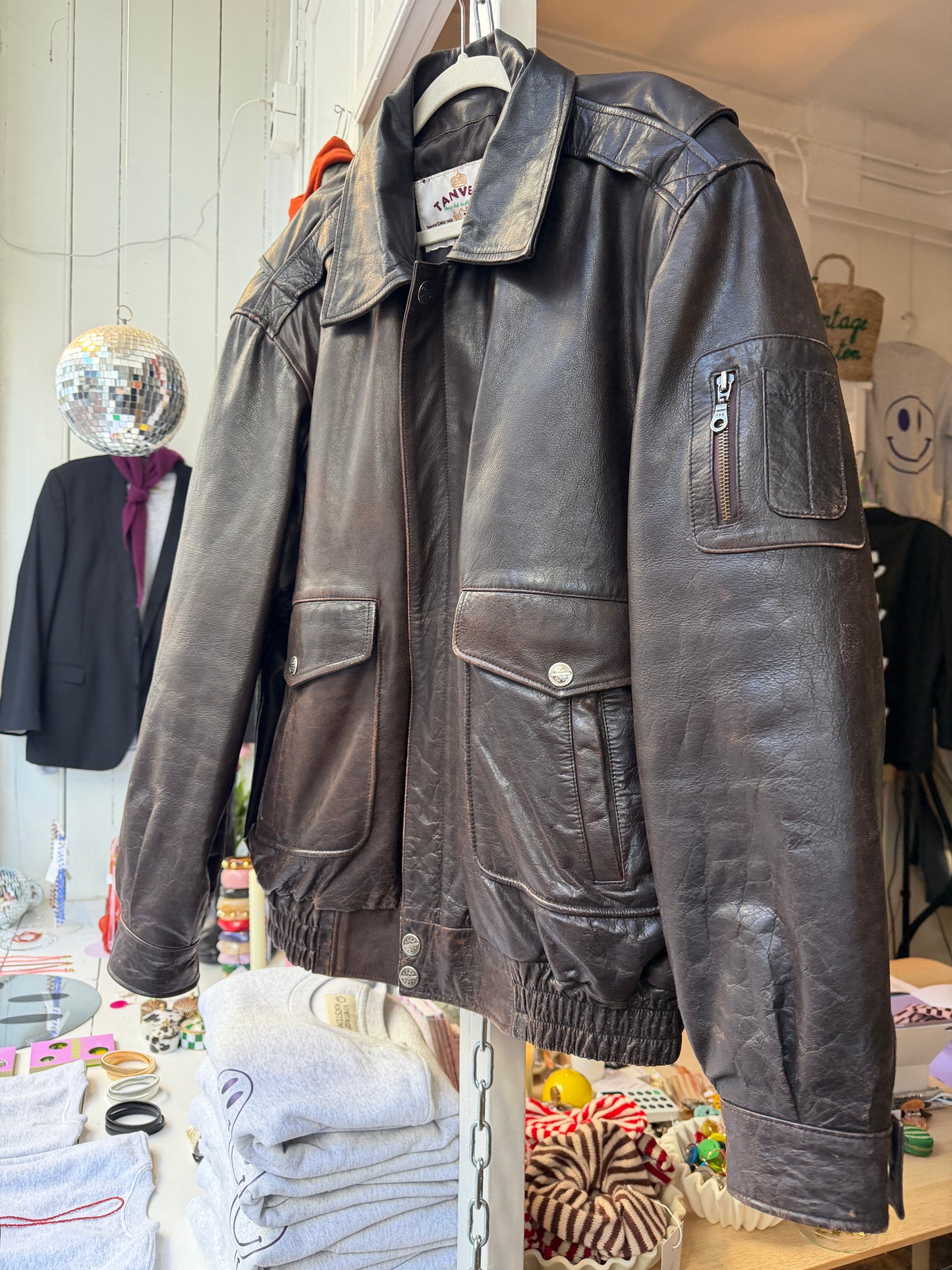 Vintage oversized leren bruine bomber