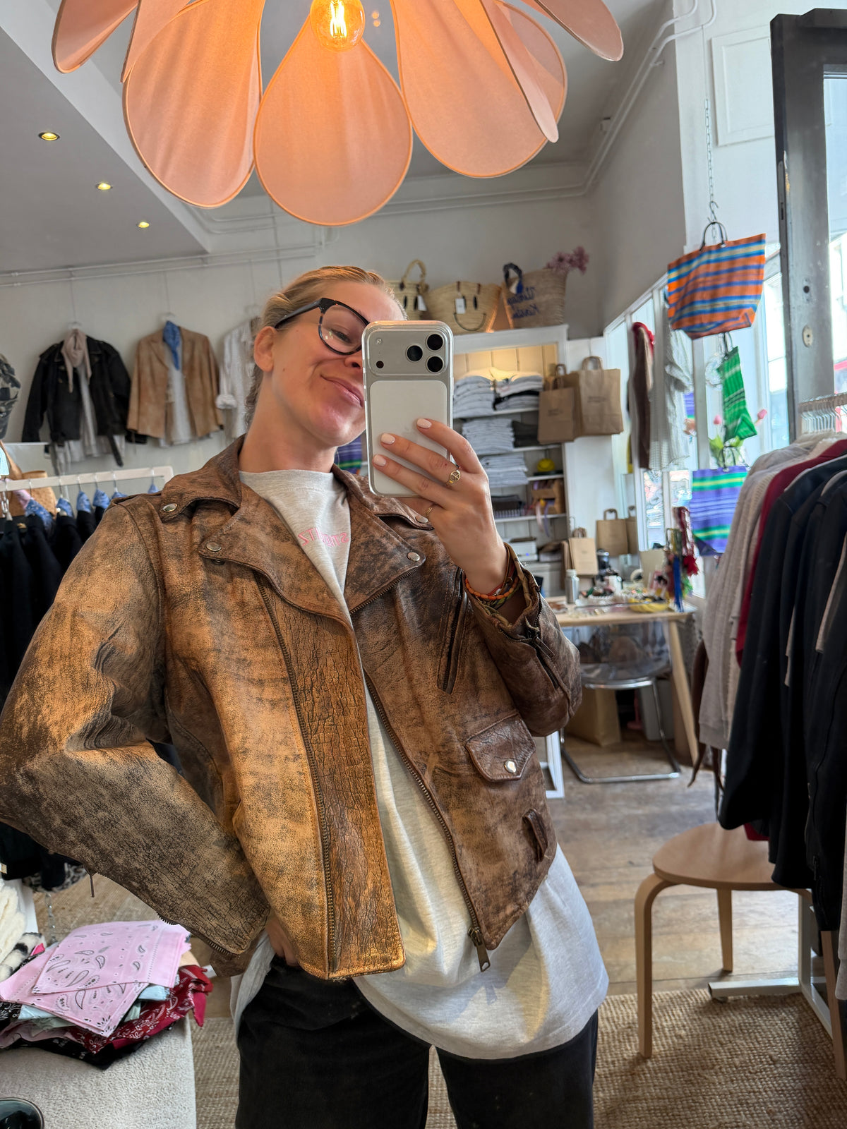 Oversized leather jacket brown