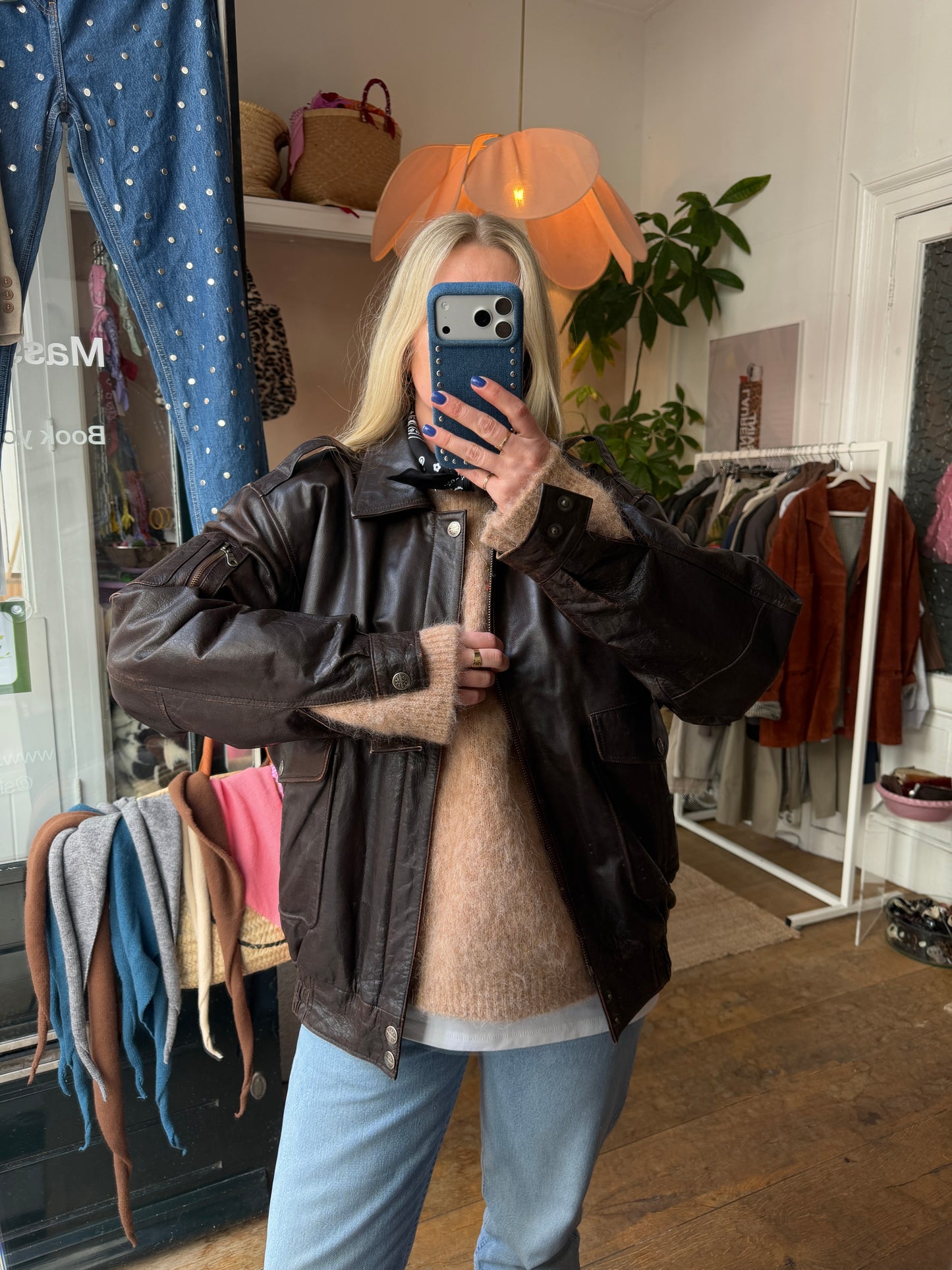 Vintage oversized leren bruine bomber