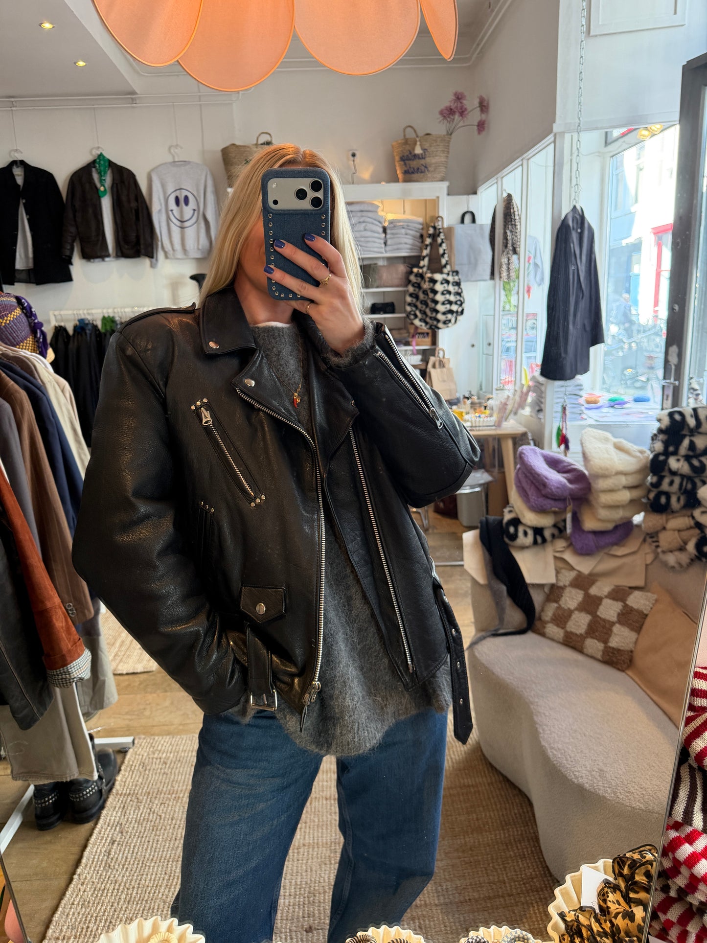 Vintage leren zwarte bikerjack