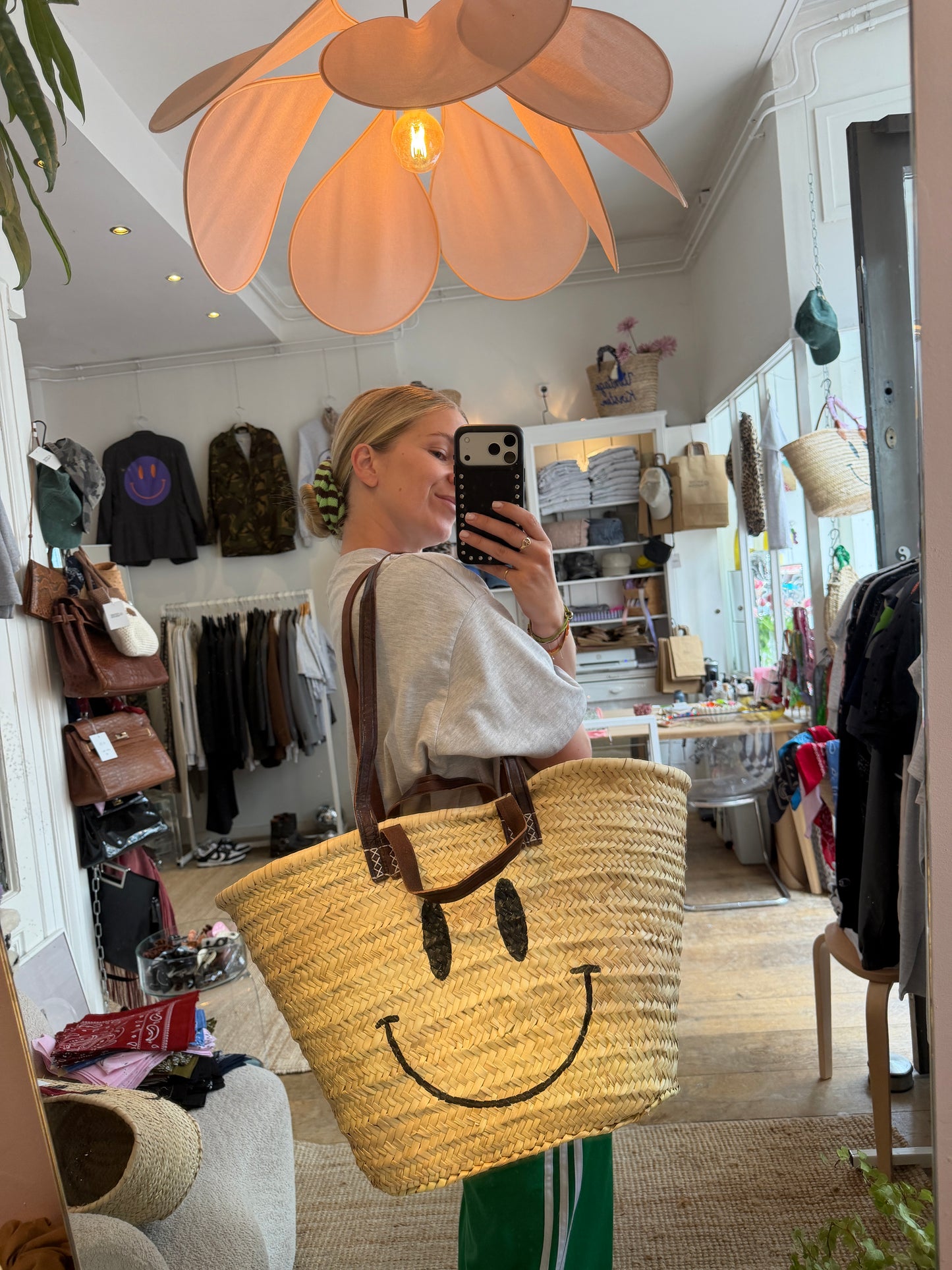 Rieten smiley tas (lang & kort hengsel)