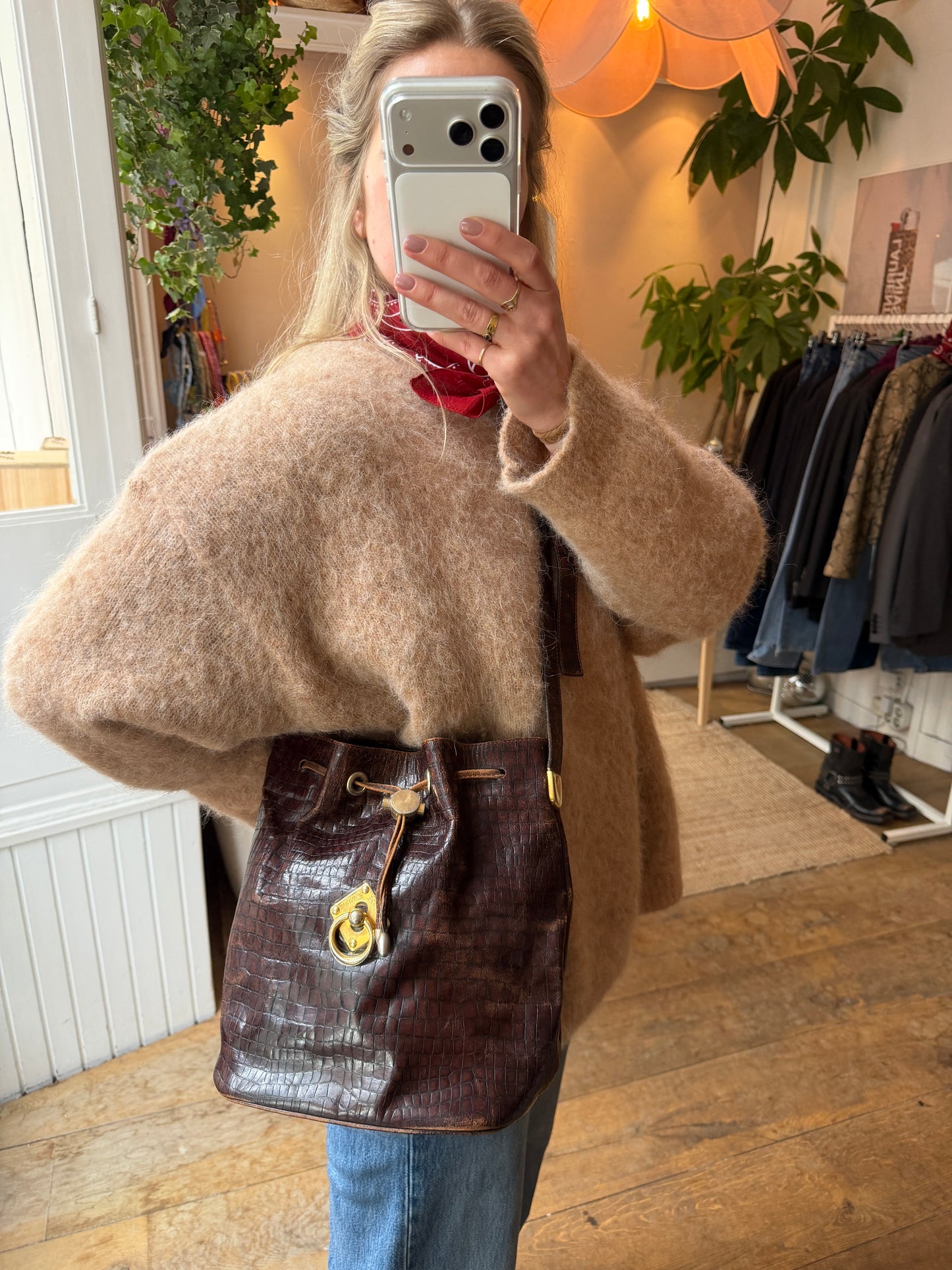 Pierre Cardin leren vintage bucket bag croco