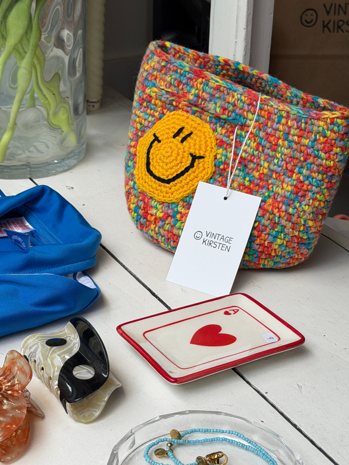 Handmade crochet smiley bag