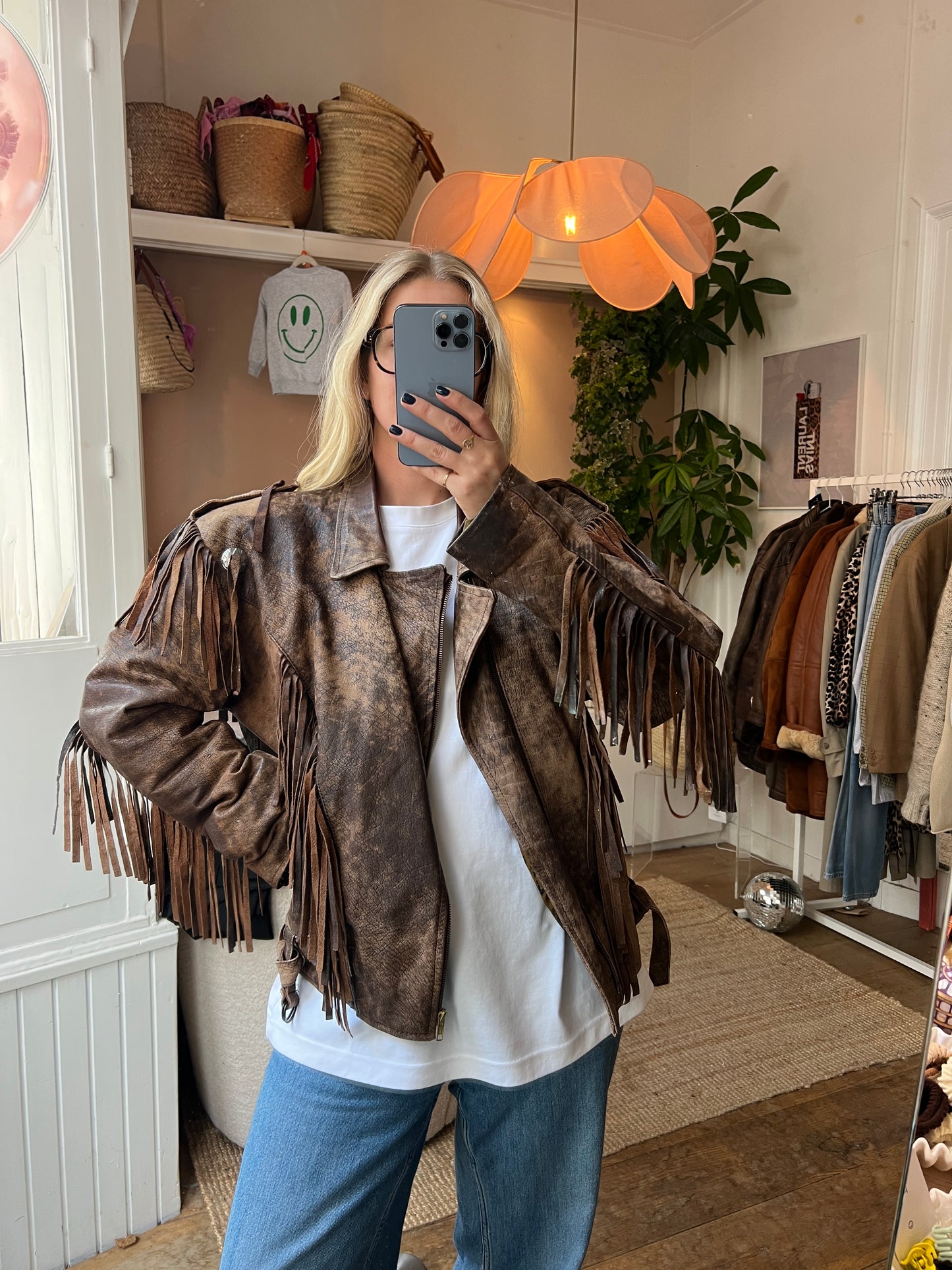 Leren bruine vintage jack fringe