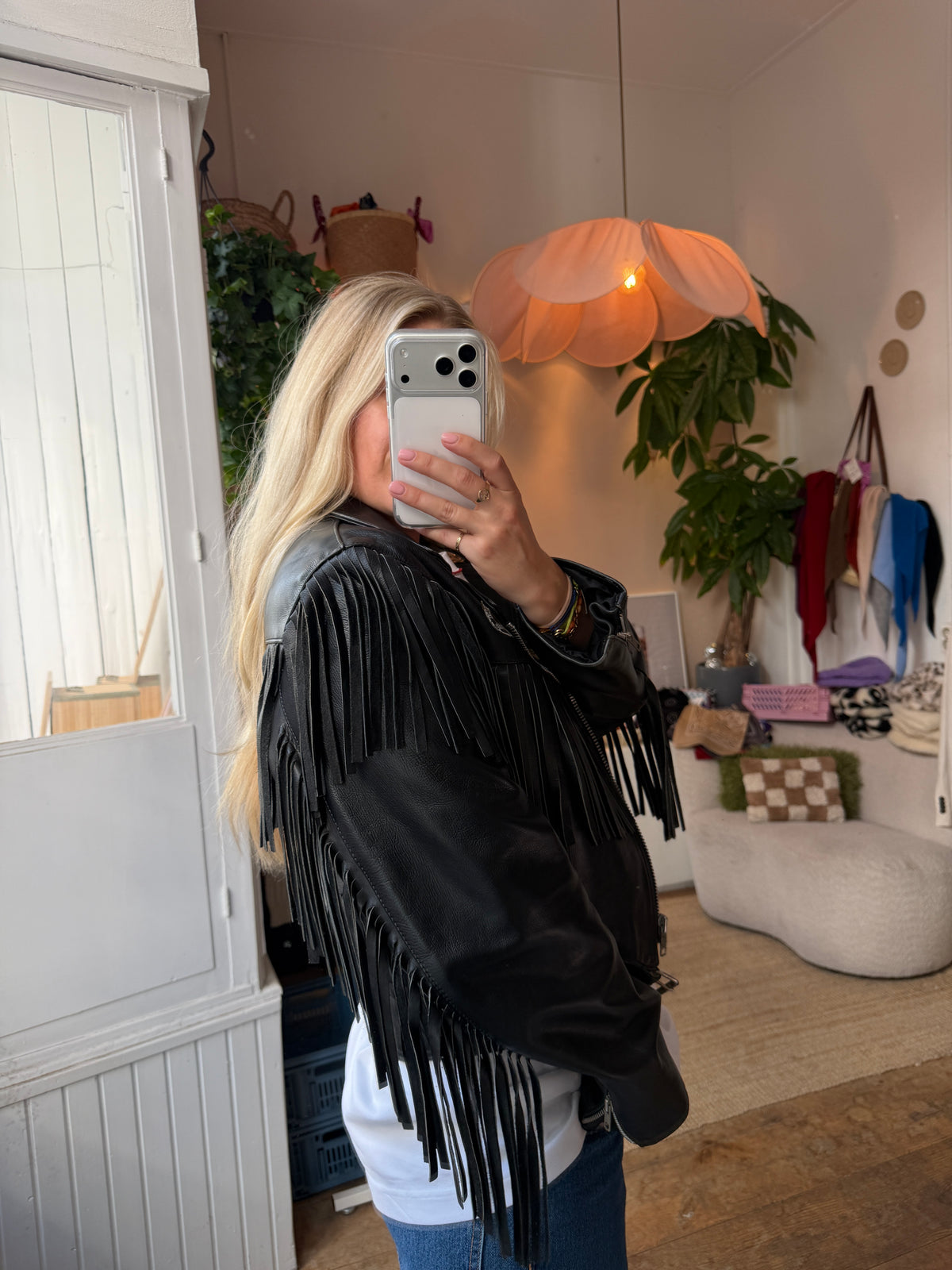 Vintage leather bikerjack fringe jack black