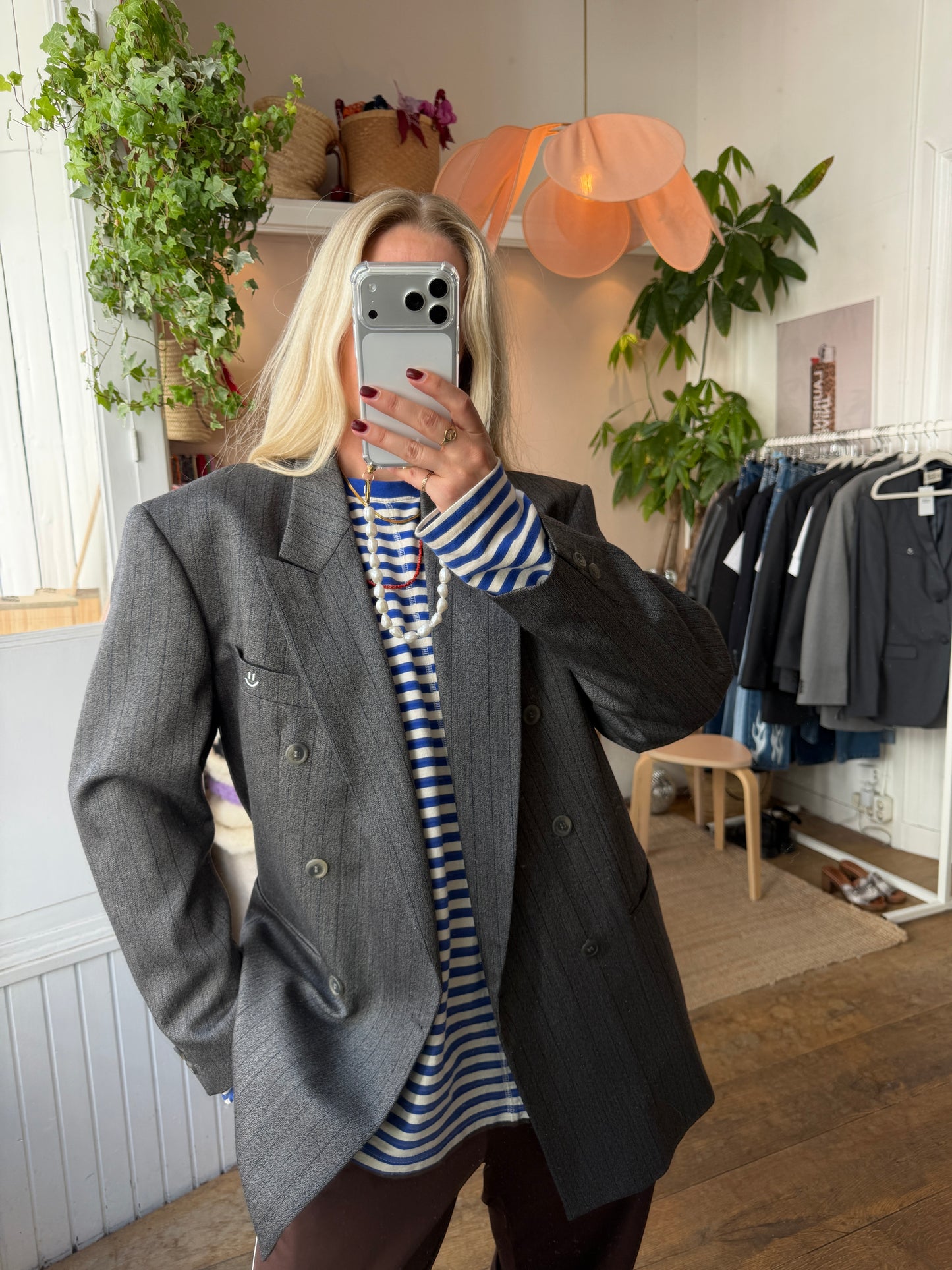 Vintage oversized double breasted striped grey blazer ◡̈