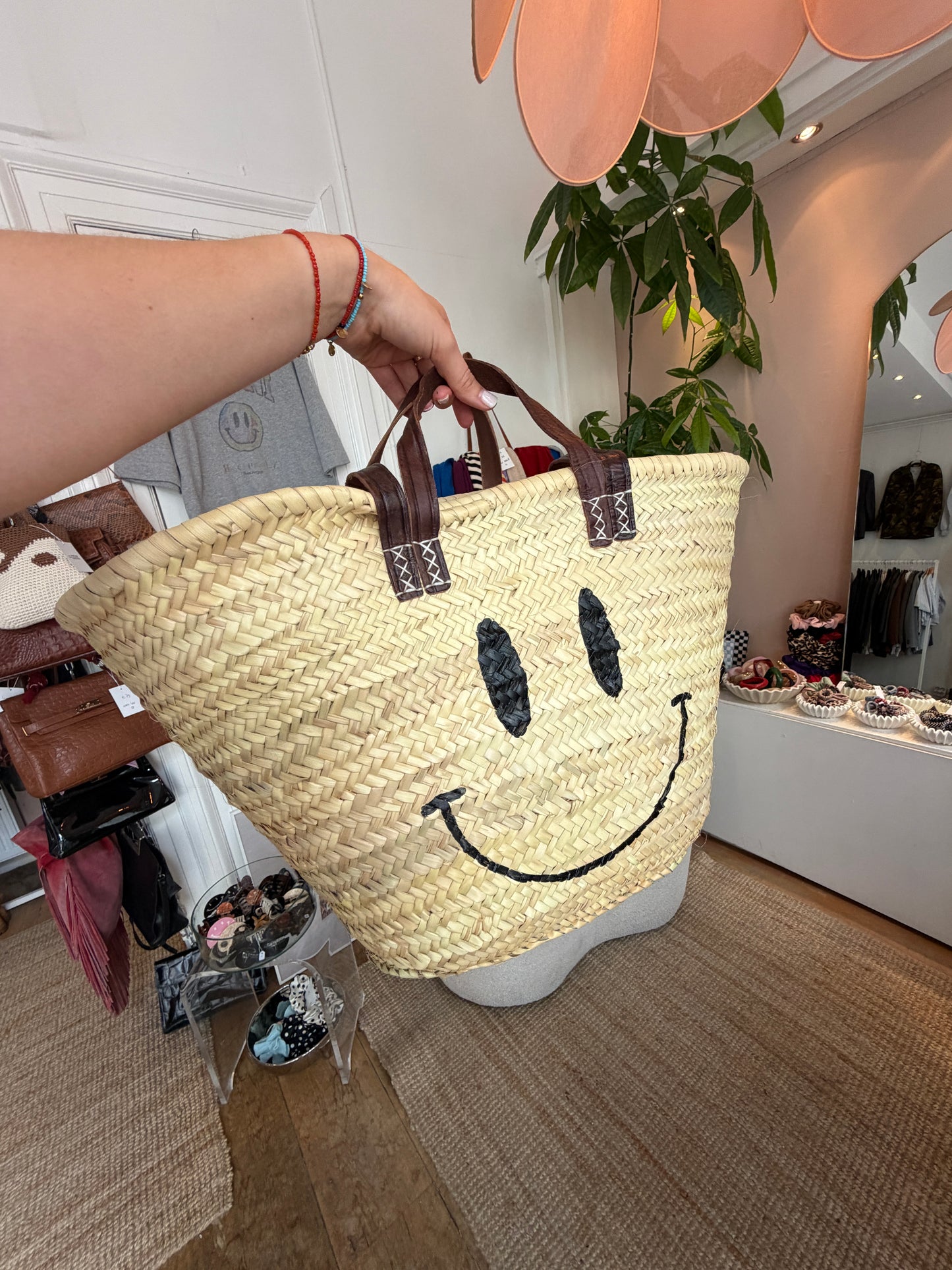 Rieten smiley tas (lang & kort hengsel)