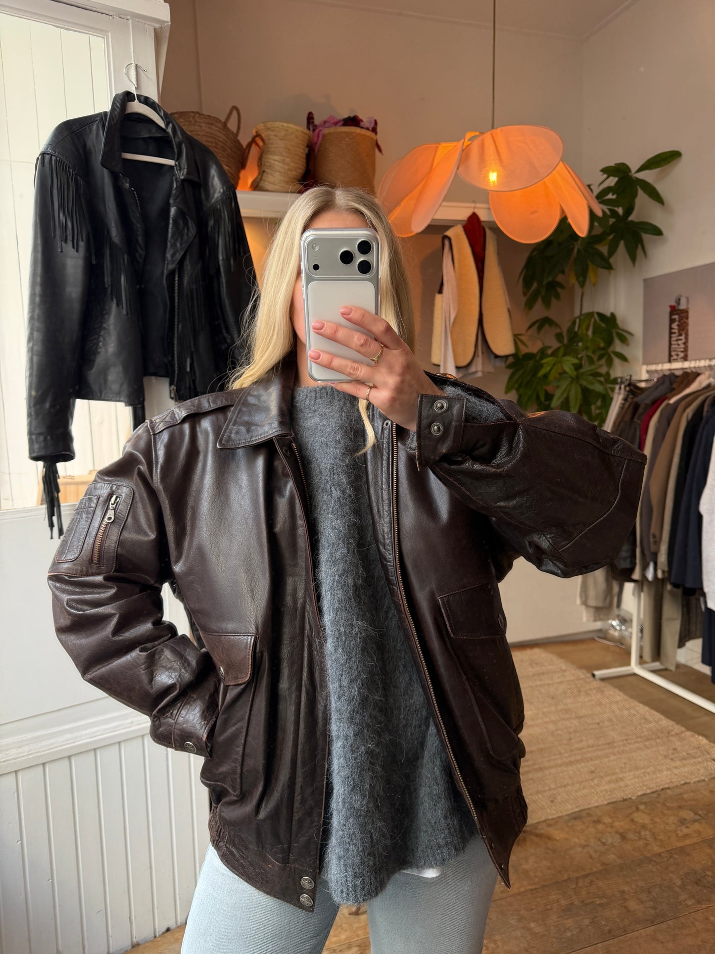 Vintage oversized leren bruine bomber