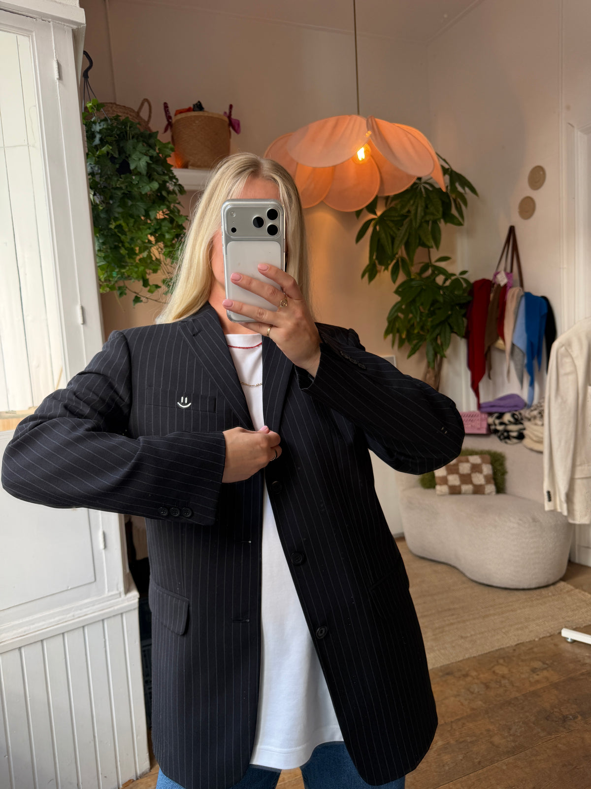 Oversized vintage dark blue striped blazer ◡̈