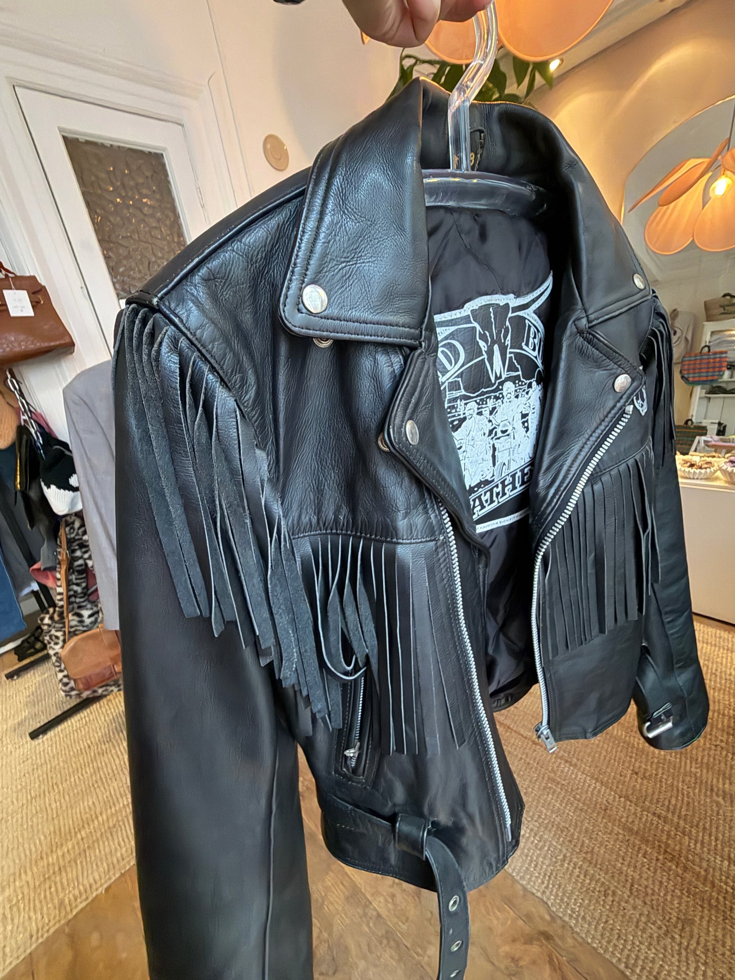 Vintage leather bikerjack fringe jack black