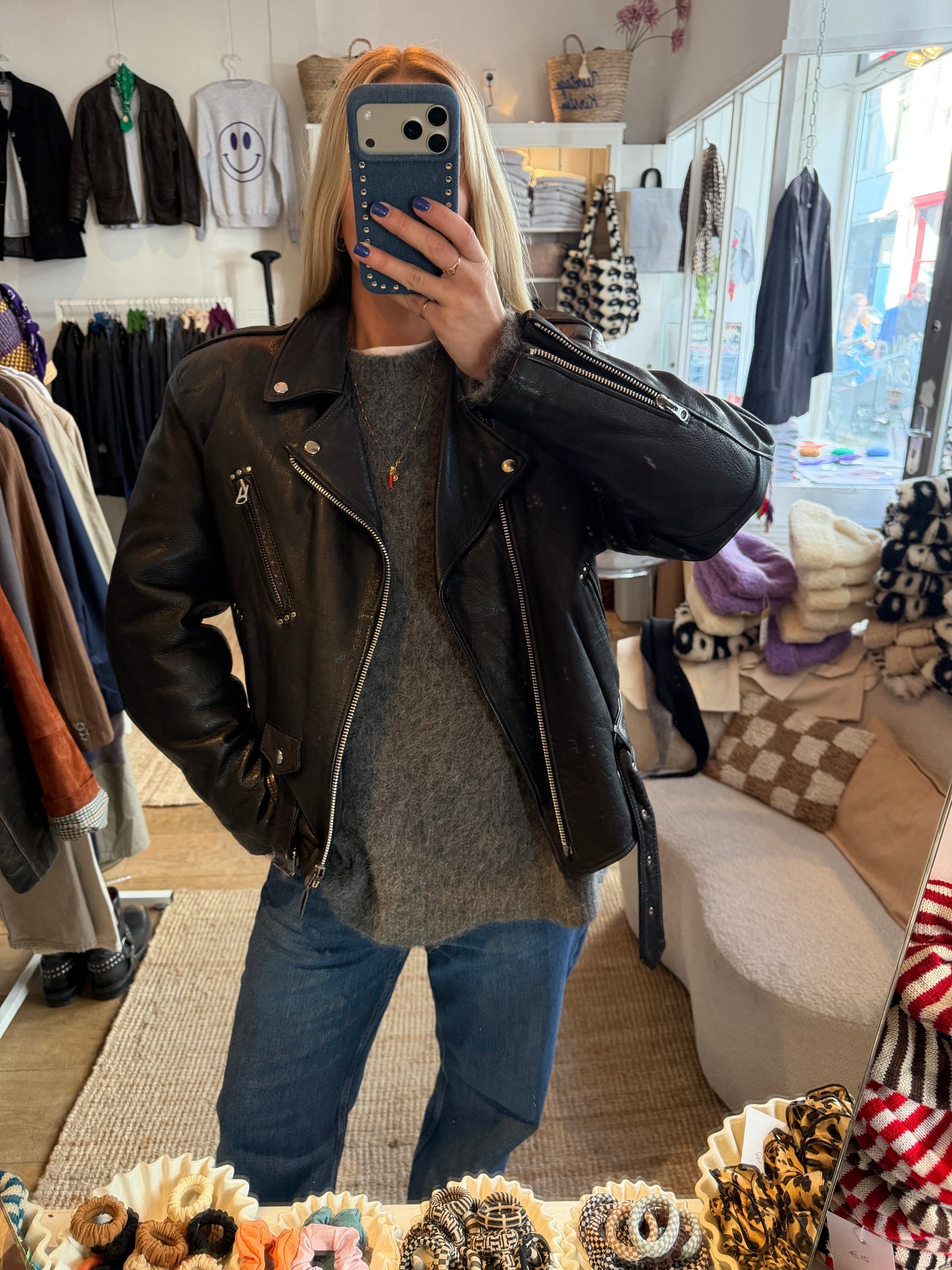 Vintage leren zwarte bikerjack