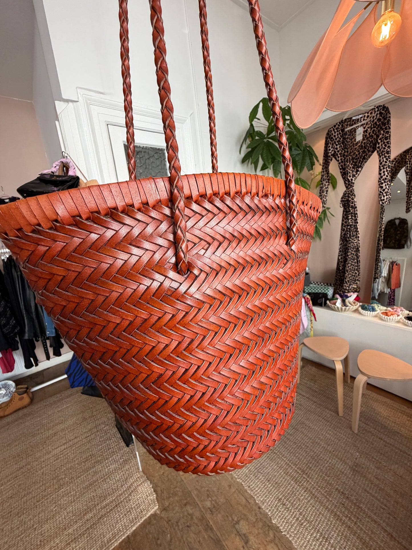 Woven leather brown bucket bag