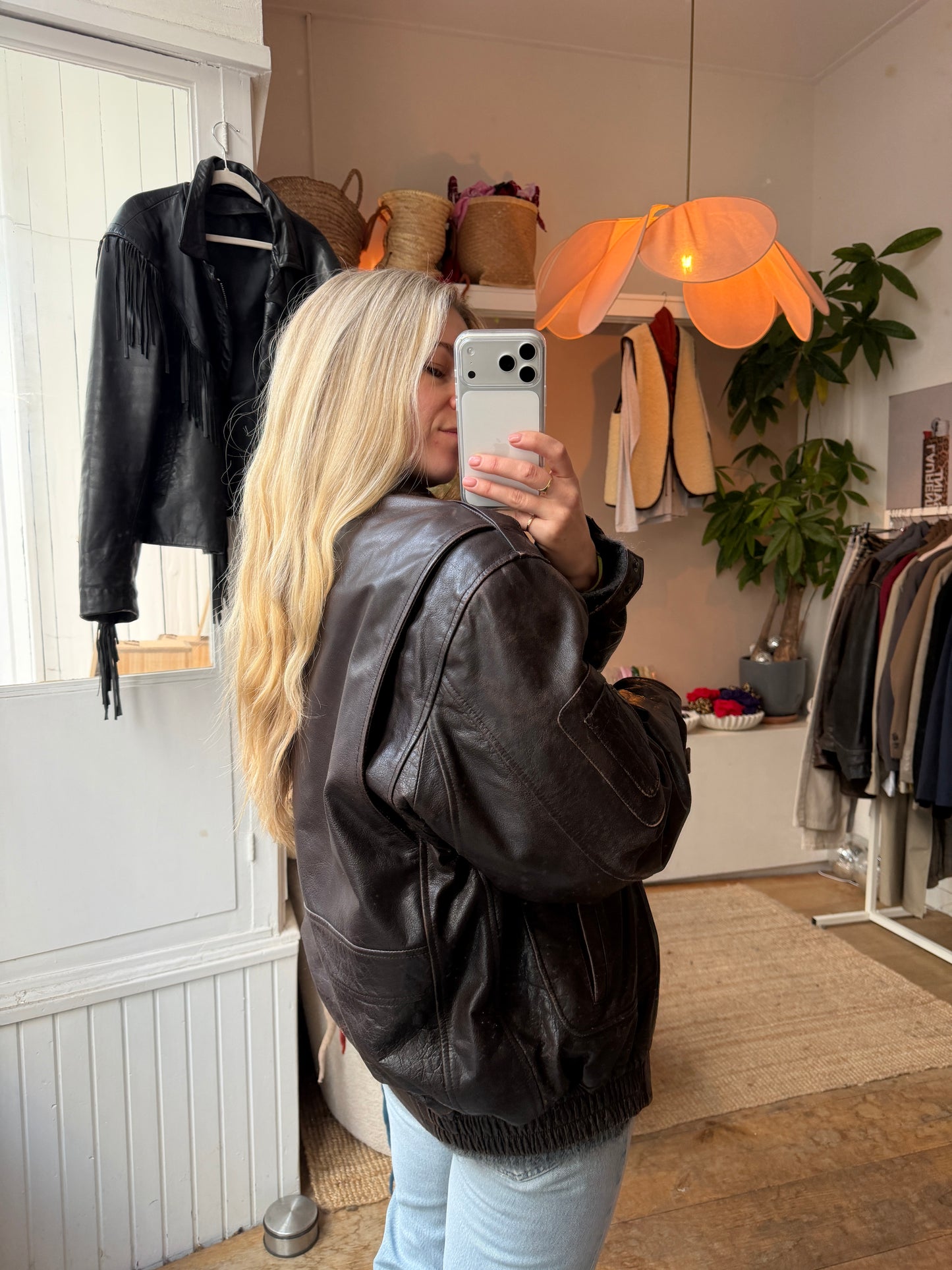 Vintage oversized leren bruine bomber