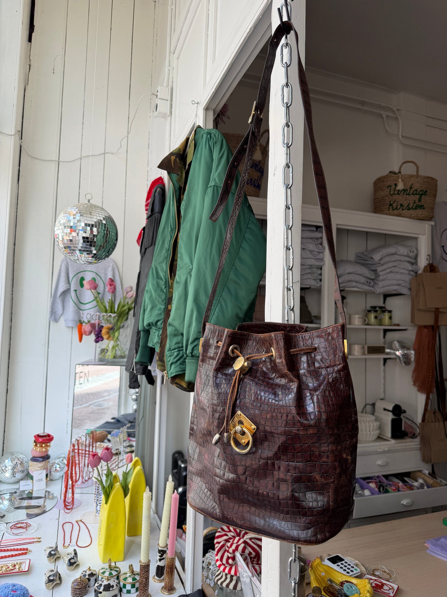Pierre Cardin leren vintage bucket bag croco