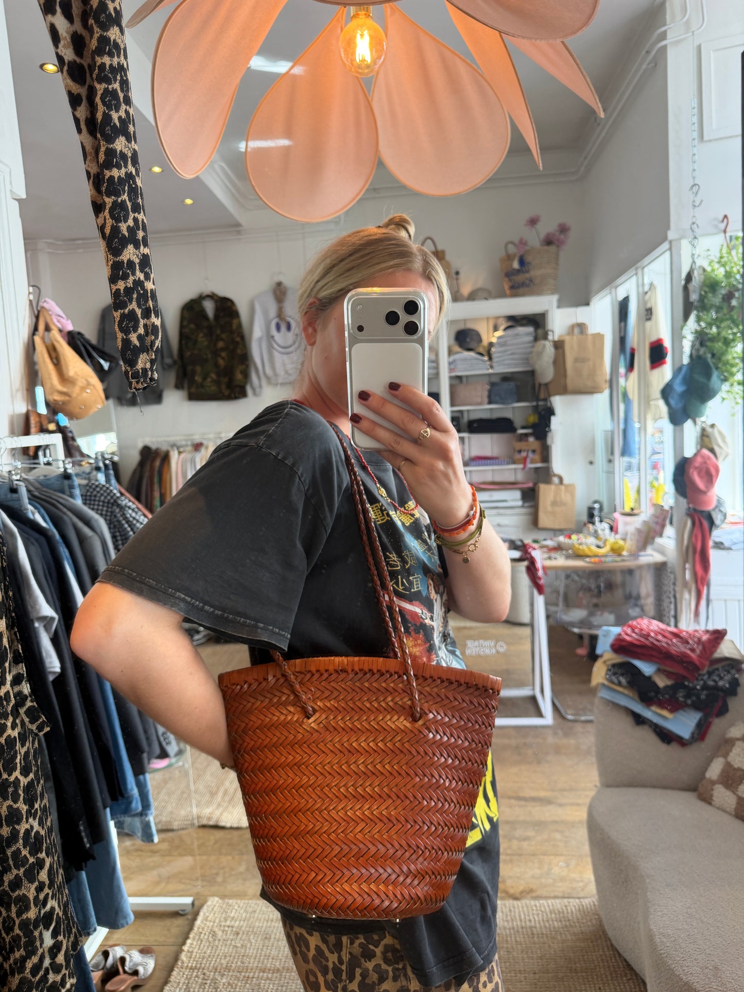Woven leather brown bucket bag