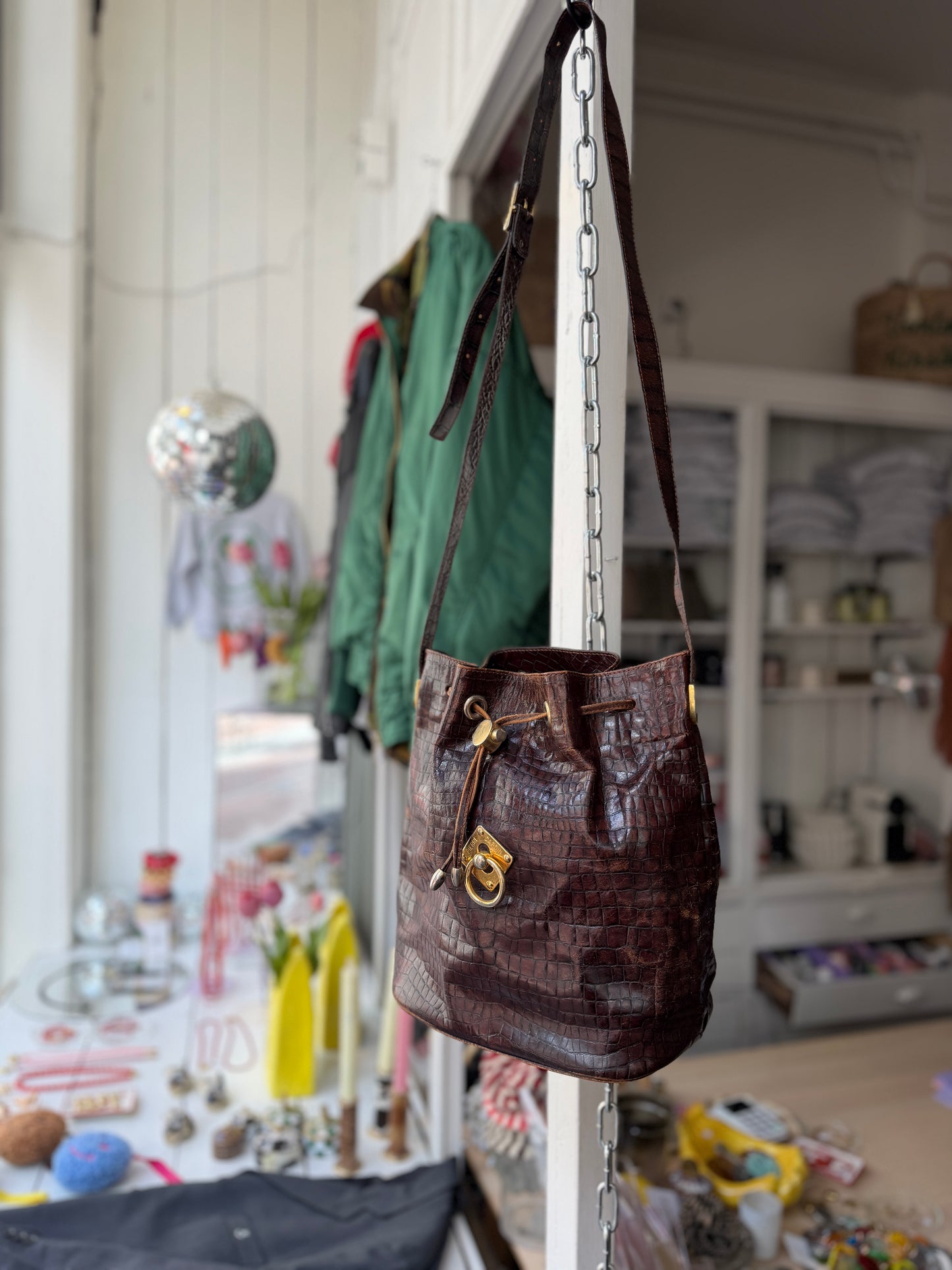 Pierre Cardin leren vintage bucket bag croco