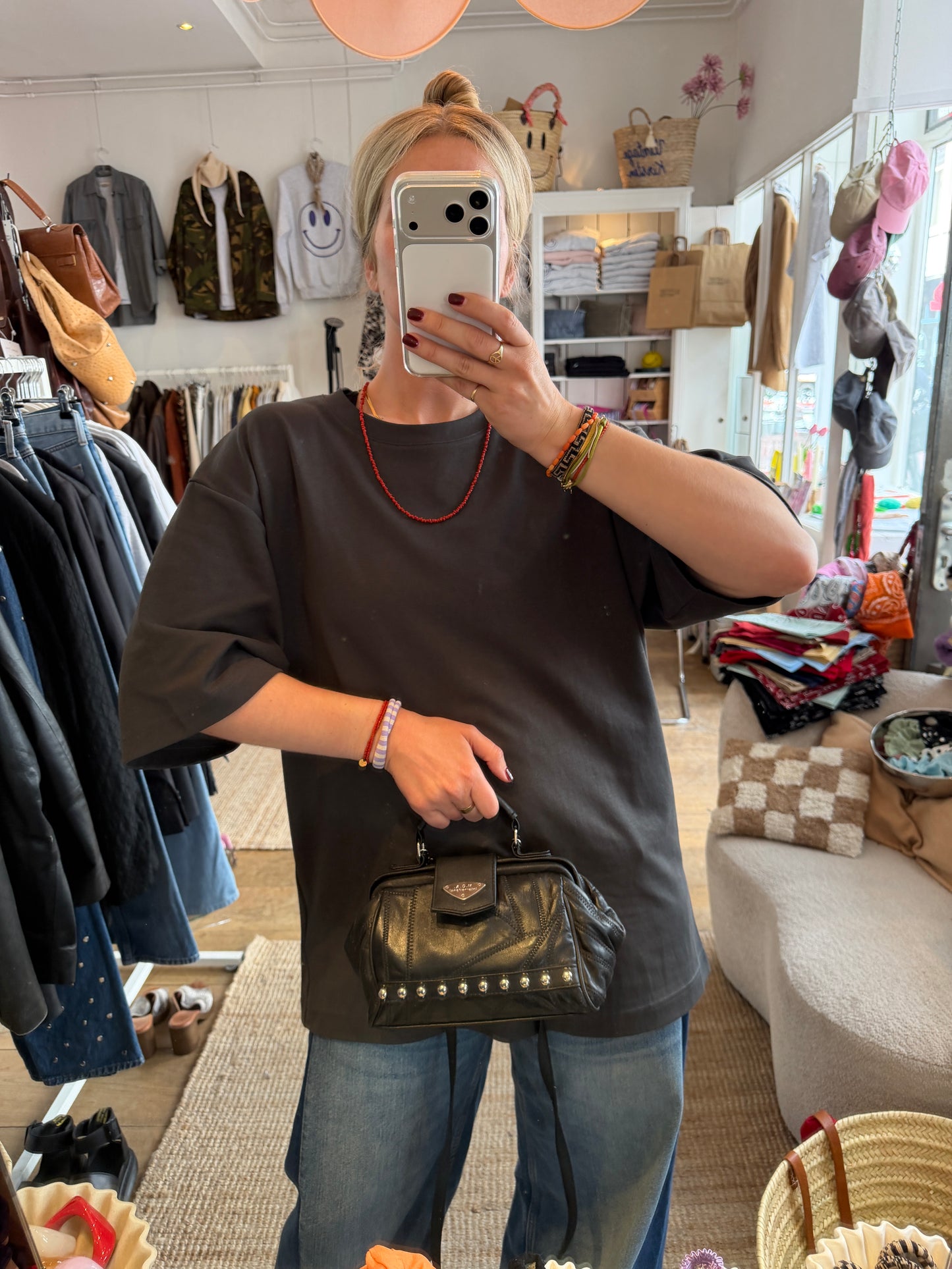 Vintage leren zwarte kleine tas